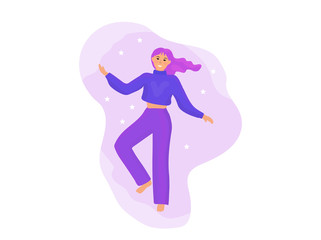 Happy woman is spinning in dance. Fun colorful modern girl with colored hair enjoys success. Flat cartoon style. Vector illustration