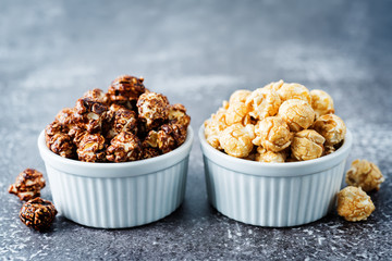 Caramel and chocolate sweet Popcorn in a white bowl