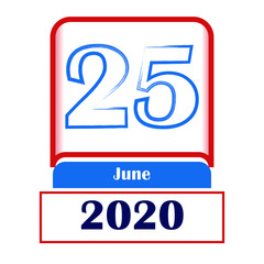 25 June 2020. Vector flat daily calendar. Date, month.