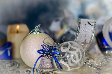 Christmas toys in white and blue tones