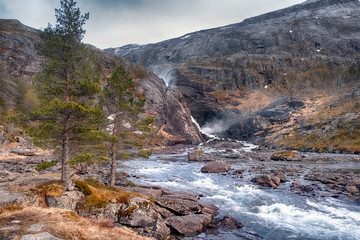 Norway nature landscape, waterfall in the national park valley of the Husedalen waterfalls