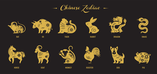 Chinese new year, zodiac signs, papercut icons and symbols. Vector illustrations