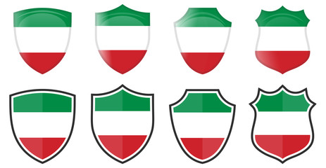 Vertical Italy flag in shield shape, four 3d and simple versions. Italian icon / sign