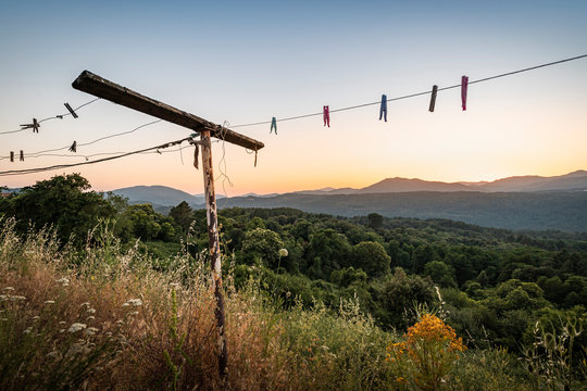 Old clotheshorse with clothespins at sunset, Zonza, Corsica, France