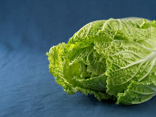 Chinese cabbage is located on a blue background, close-up. focus on cabbage leaves.