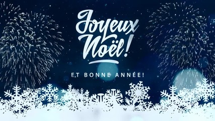 Joyeux Noel - Merry christmas in french language black looped background with fireworks, snowflakes, snow and calligraphy - Powered by Adobe