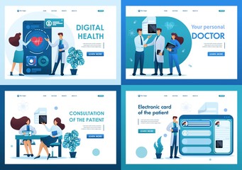 Set 2D Flat concepts digital health, electronic card, consultation patient. For Landing page concepts and web design