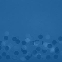 Creative pastel fantasy holiday card with party confetti in classic blue. Baby shower, birthday, celebration concept. Square