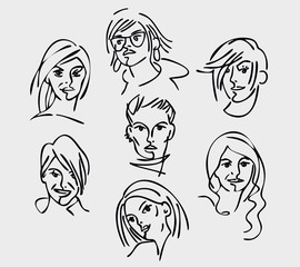 Faces of young, beautiful women of the European type. Figure, sketch is linear.