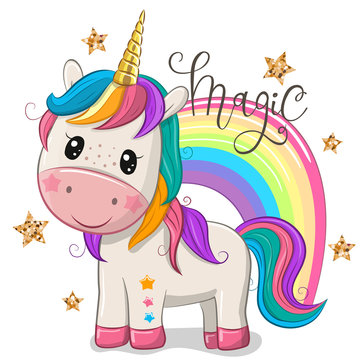Cartoon Unicorn with a rainbow isolated on a white background