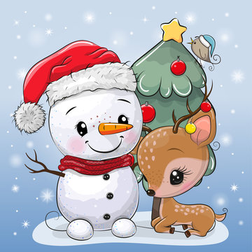 Cartoon Deer and snowman near the Christmas tree