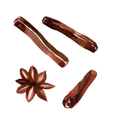 Set of spices with cinnamon sticks and anise on a white background. Watercolor isolated illustrations set. Design by flyer, poster, printing, mailing, invitation, greeting card, menu of cafe.
