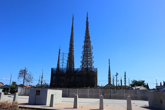Los Angeles, California – May 16, 2019: WATTS TOWERS by Simon Rodia, architectural structures, located in Simon Rodia State Historic Park, LOS ANGELES