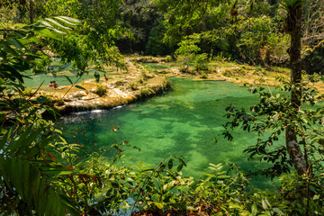 Panorama of the limestone ridge with cascades and waterfalls of Semuc Champey in the Peten jungle and rainforest of Guatemala.