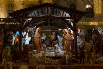 Nativity scene in Brno city Christmas market, Czech Republic