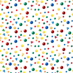 Watercolor colorful seamless pattern. Hand drawn cute background. Gift paper , Wrapping paper or wallpaper design. Colorful balls, decorative circles and hearts on white background.