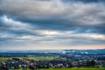 industrial valley with beautiful meadow and clouds, Trinec Czech