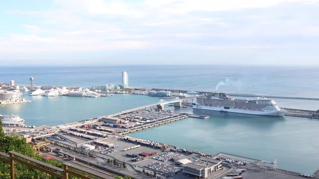 BARCELONA - SPAIN, DECEMBER 12, 2019, 4K Aerial view of busy port and Spanish traffic car, ferry cruise anchor by day