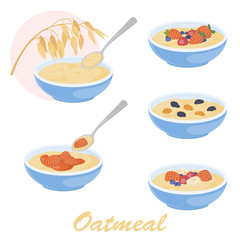 Oatmeal porridge illustration set with different toppings. Stock vector isolated on white background. Healthy food design. Oat and oatmeal icon.