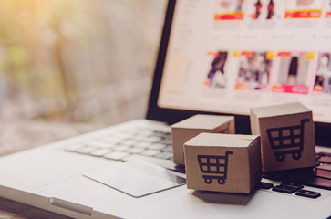 Online shopping - Paper cartons or parcel with a shopping cart logo and credit card on a laptop...