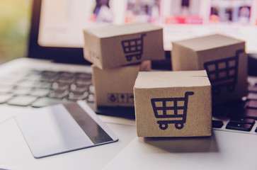 Online shopping - Paper cartons or parcel with a shopping cart logo and credit card on a laptop...