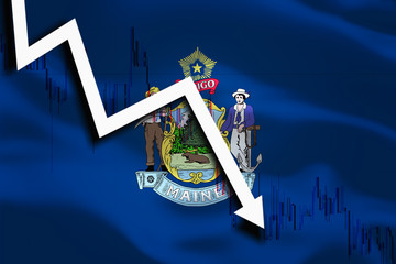 Maine US State background with waving flag white arrow and stocks chart fall down.