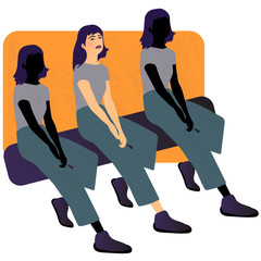 Young girl sitting on a bench, dreamy relaxed look. School, college, training, competition, waiting for transport, bus. Vector illustration