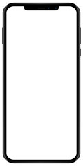 Brand new smartphone black color with blank screen isolated on white background mockup. Front view of modern android multimedia mobile phone easy to edit and put your image or text.