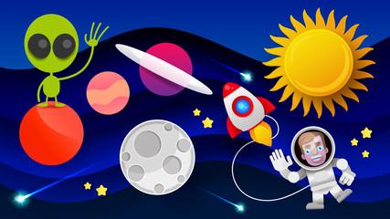 Space Flat Vector Background With Rocket, Spaceship, Moon, Planets .