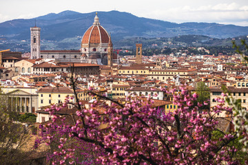 View of Boboli Gardens in Florence, Italy, with sculptures, blooming trees and flowers