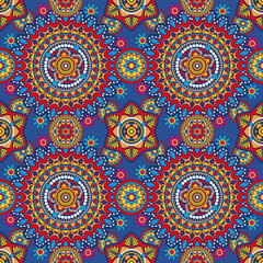 Seamless ornamental oriental pattern. Repeating geometric tiles with mandala. Vector laced decorative background with floral and geometric ornament. Indian or Arabic motive. Boho festival style