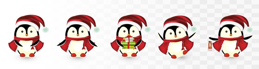 Collection of Christmas penguins isolated on transparens background. Christmas characters. Little penguins. Penguins with gift presents. Icon set. Beautiful illustration.