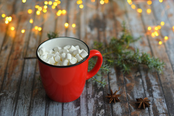 Christmas composition. Coffee cup and Christmas decorations on wooden background. Merry Christmas and Happy new Year