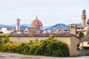 Fototapeta na wymiar View of Boboli Gardens in Florence, Italy, with sculptures, blooming trees and flowers