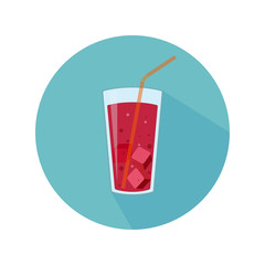 Glass with red beverage, ice and straw. Abstract concept, icon. Vector illustration.