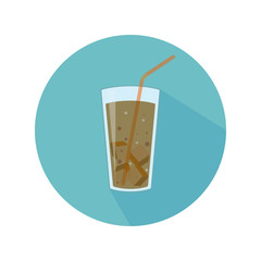Glass with brown beverage, ice and straw. Abstract concept, icon. Vector illustration.