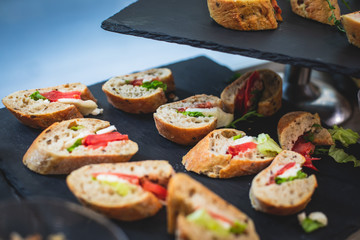 Beautifully decorated catering banquet table with different food snacks and appetizers on christmas birthday party event or wedding celebration, concept of Italian antipasti wine snacks variety set