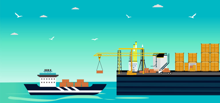 Vector of a cargo ship loading in a city port with cranes on dockside