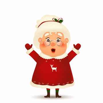 Happy Mrs. Claus cartoon character isolated. Christmas Cute, Cheerful, funny wife Mrs Claus waving hands and greeting. Mrs Claus for winter and new year winter holidays. vector.