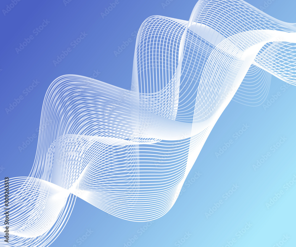 Wall mural white thin lines on light blue gradient background. abstract striped with waves pattern. vector illu