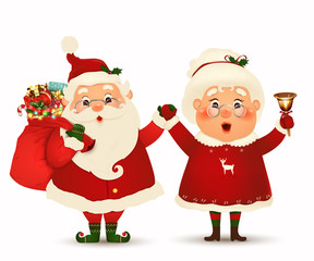 Mrs. Claus Together. Vector cartoon character of Happy Santa Claus and his wife isolated. Christmas family celebrate winter holidays. Cute Santa Claus with Mrs. Claus waving hands and greeting.