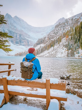 Lake Anette, Lake Louise Banff national park, young couple by the lake at the Canadian Rockies Canada