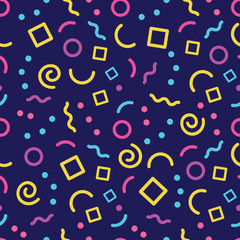 Colorful geometric vector seamless pattern with illustration of waves, arcs, dots, squares and dark background