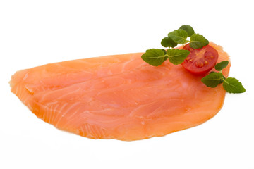Fresh salmon slice and spice on the white background.