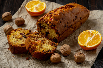Homemade dry fruit cake and cup of coffee. 
