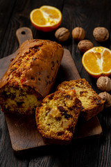 Homemade dry fruit cake and cup of coffee. 