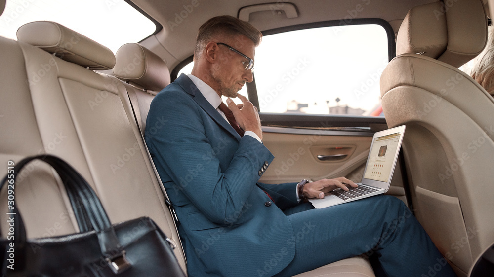 Wall mural business trip. side view of handsome mature businessman in full suit working on his laptop while sit