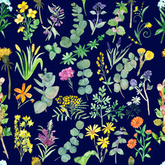 Watercolor hand painted nature herbal plants composition seamless pattern with green eucalyptus leaves and branches, yellow, pink, orange and purple flowers isolated on the blue background