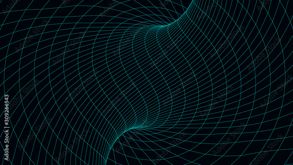 Poster vortex. vector perspective curved grid. wireframe abstract tunnel. 3d vector wormhole with a mesh st