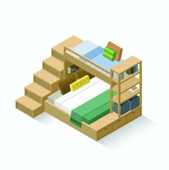 Vector isometric bunk bed combination for three people. Interior isolated object for small apartment or studio variant. Two level sleeping place with stairs. 
